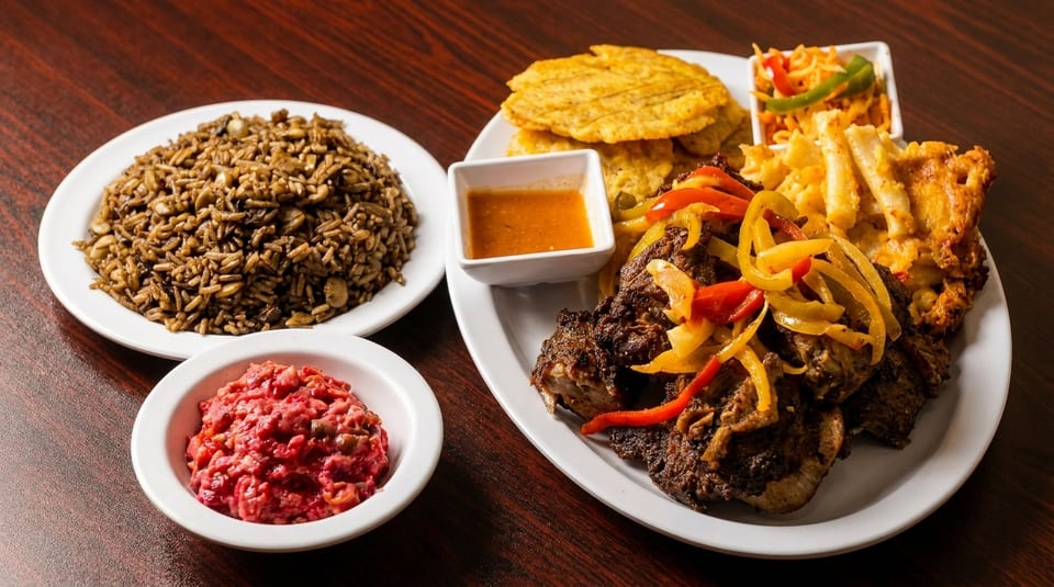 A large plate of Caribbean food with rice, meat, plantains, and a side of red salad.