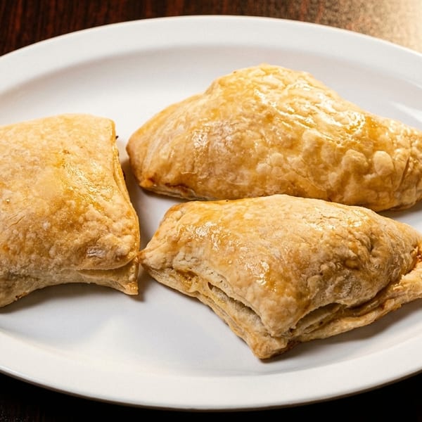 Three golden-brown pastries, possibly empanadas or turnovers, arranged on a white oval plate.