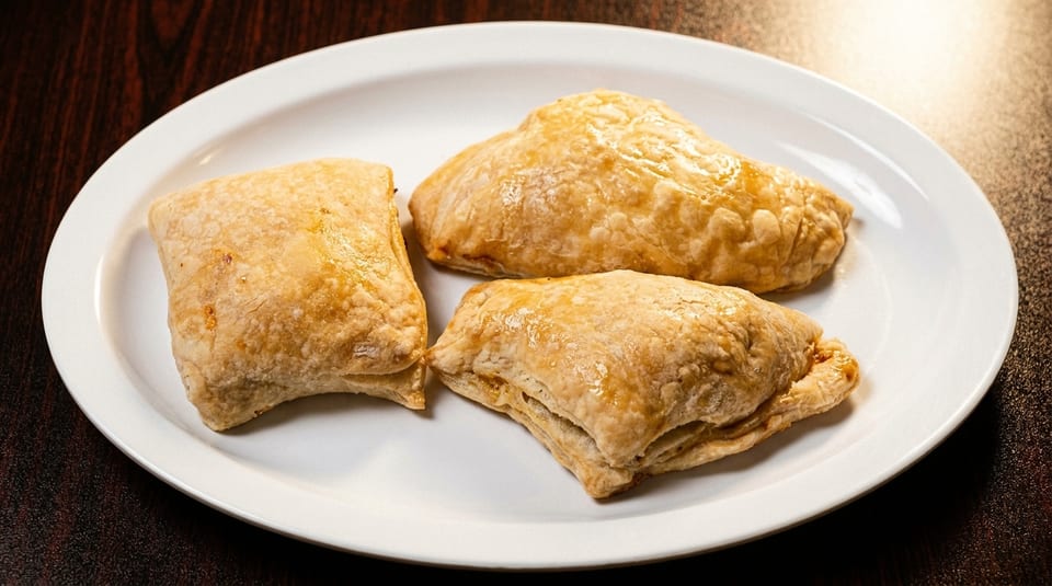 Three golden-brown pastries, possibly empanadas or turnovers, arranged on a white oval plate.