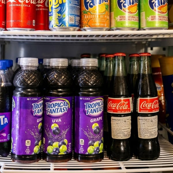 A refrigerator filled with various bottled and canned sodas, including Coca-Cola, Fanta, and Tropical Fantasy.