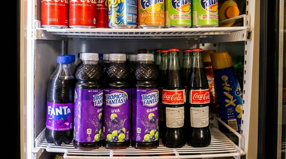 A refrigerator filled with various bottled and canned sodas, including Coca-Cola, Fanta, and Tropical Fantasy.